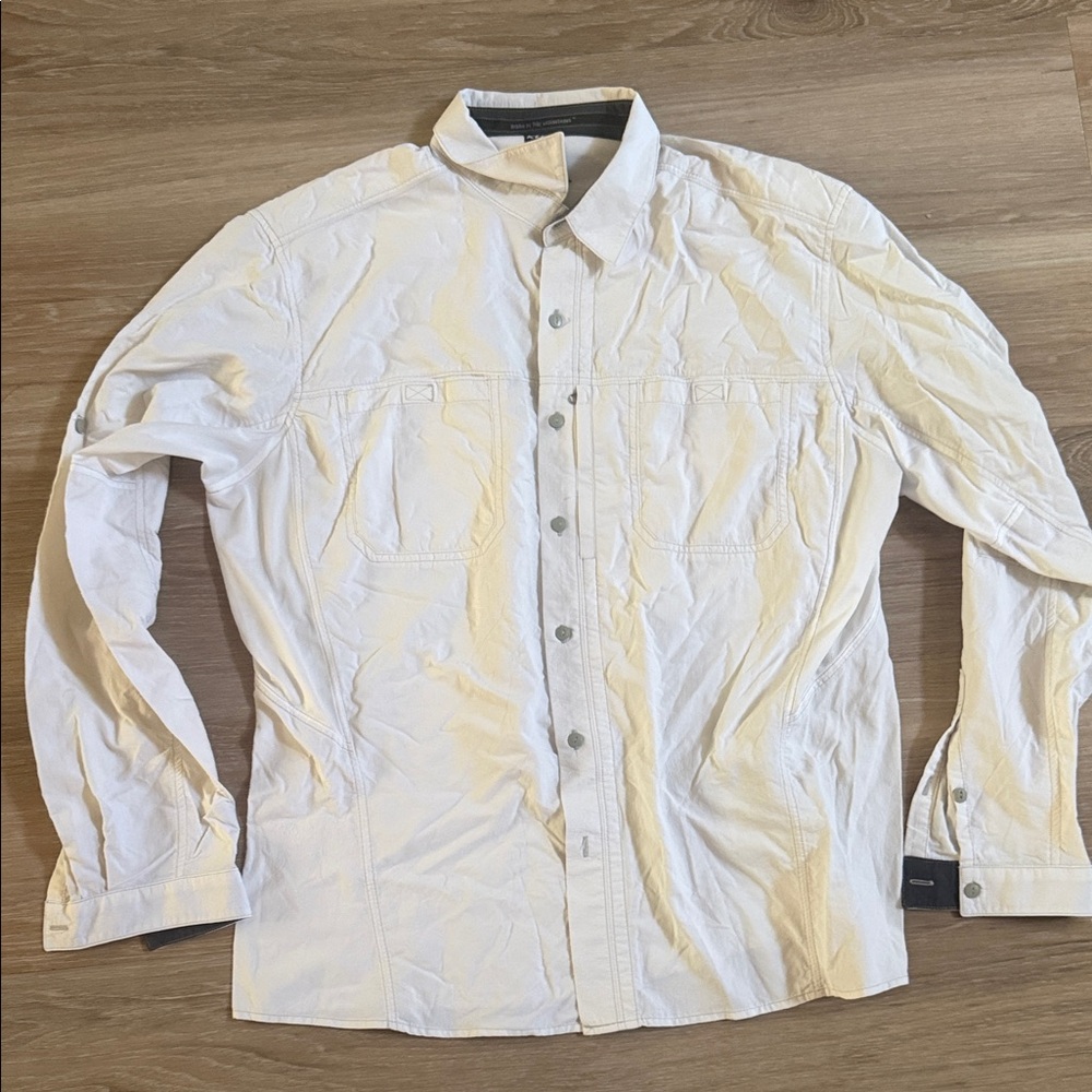 Kuhl Men's Cream Button-Up light weight long sleeve shirt. Hiking, camping